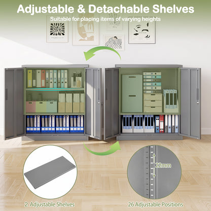 The grey cabinet showing how the internal shelves can be adjusted to different heights