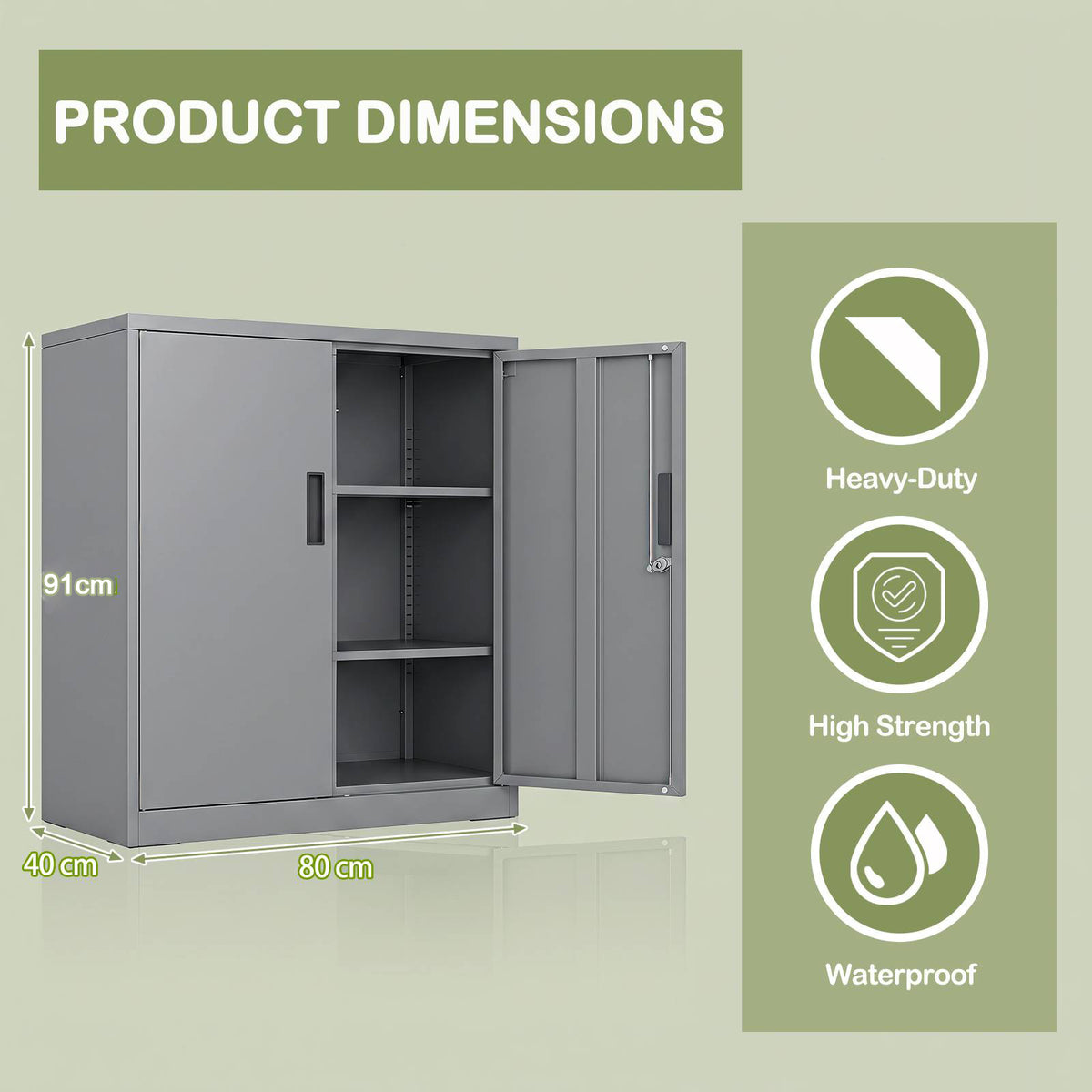 The grey storage cabinet with one door open next to icons highlighting its key product features