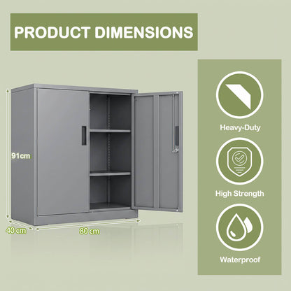 The grey storage cabinet with one door open next to icons highlighting its key product features