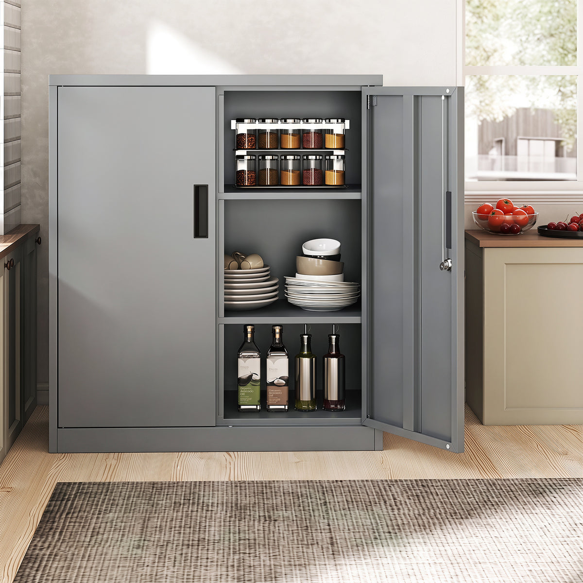 The metal cabinet used in a kitchen to store spices, plates and bottles on its shelves