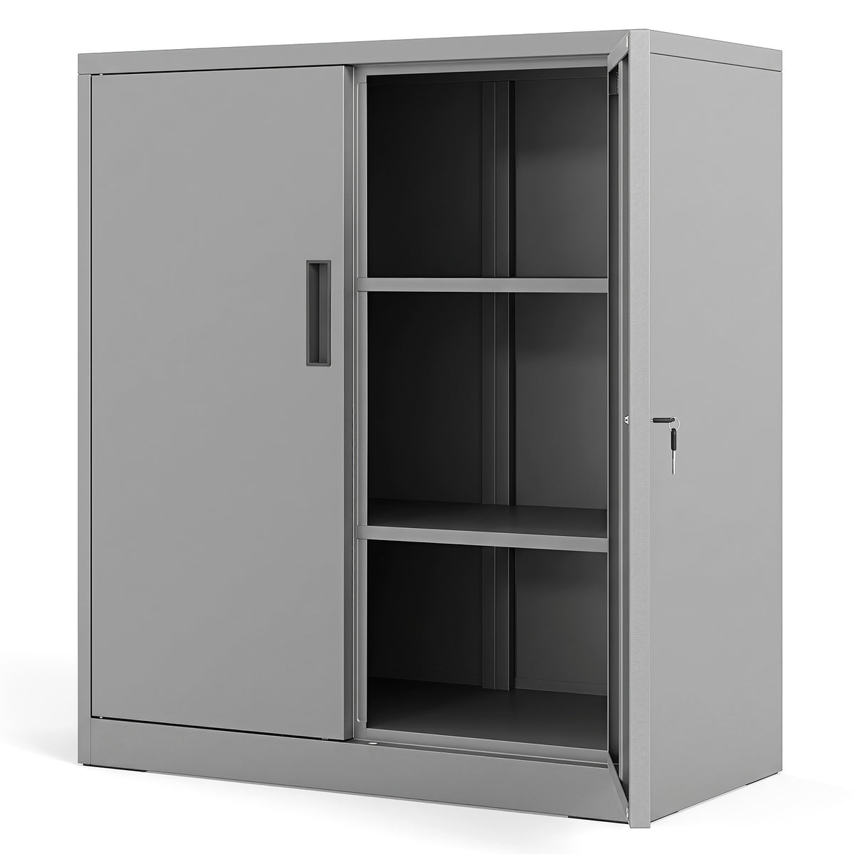 File Cabinet with 2 Lockable Doors in grey with one door open showing internal shelving