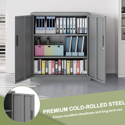 The metal storage unit with both doors open and a close up of the steel construction