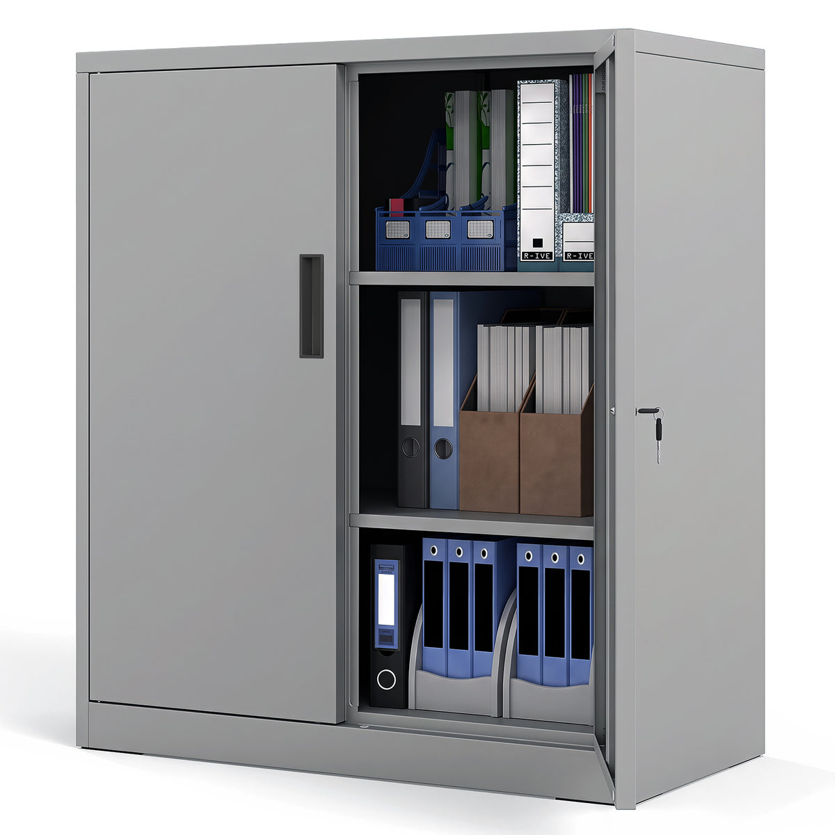 The grey storage unit with one door open displaying folders and office supplies inside