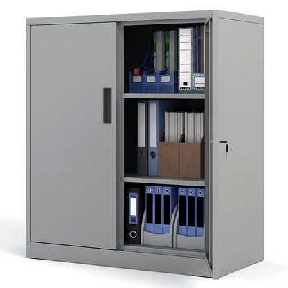 The grey storage unit with one door open displaying folders and office supplies inside