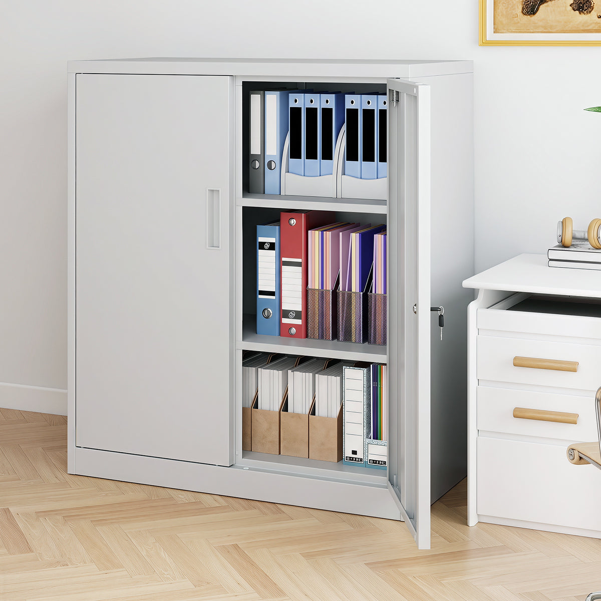 The file cabinet with both doors open, displaying folders and boxes on its shelves