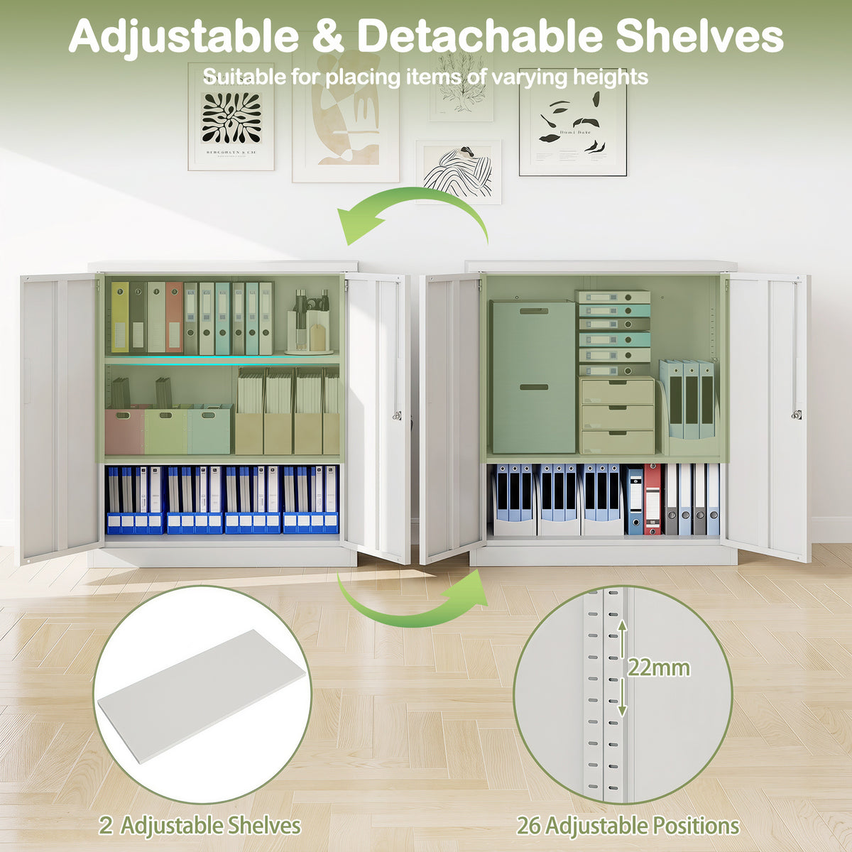 The white file cabinet with adjustable shelves shown in a room setting