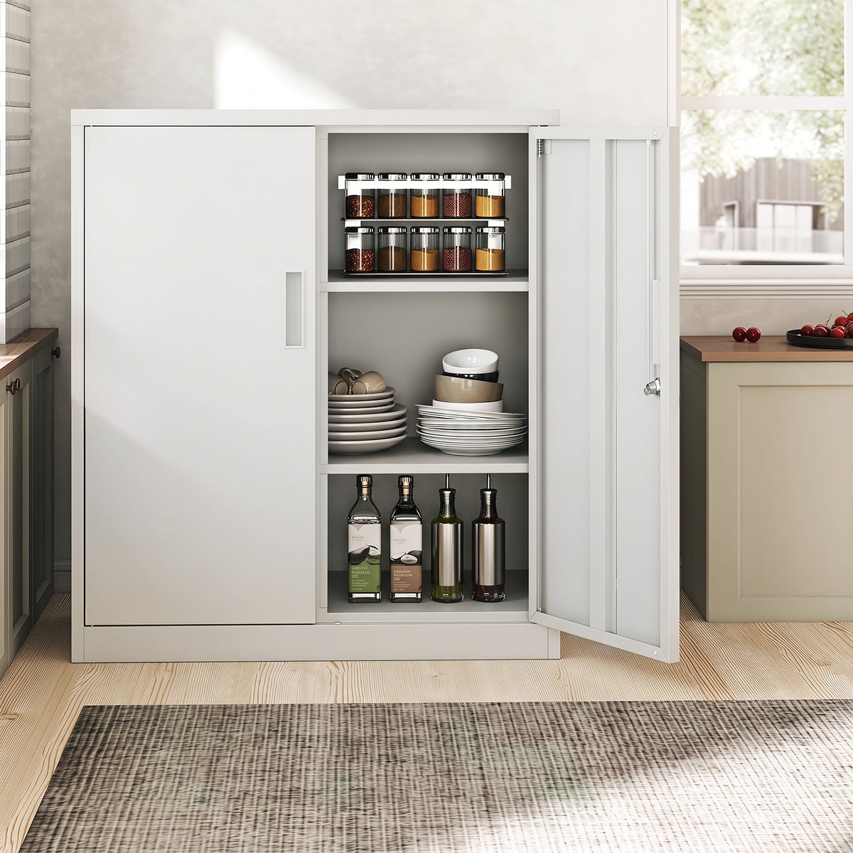 The white file cabinet used as kitchen storage, holding plates and bottles on its shelves
