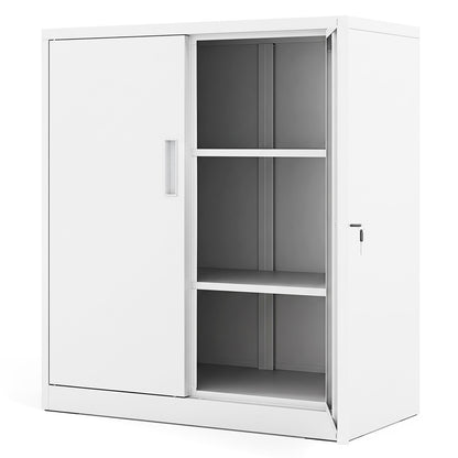 File Cabinet with 2 Lockable Doors showing one sliding door open and one hinged door closed