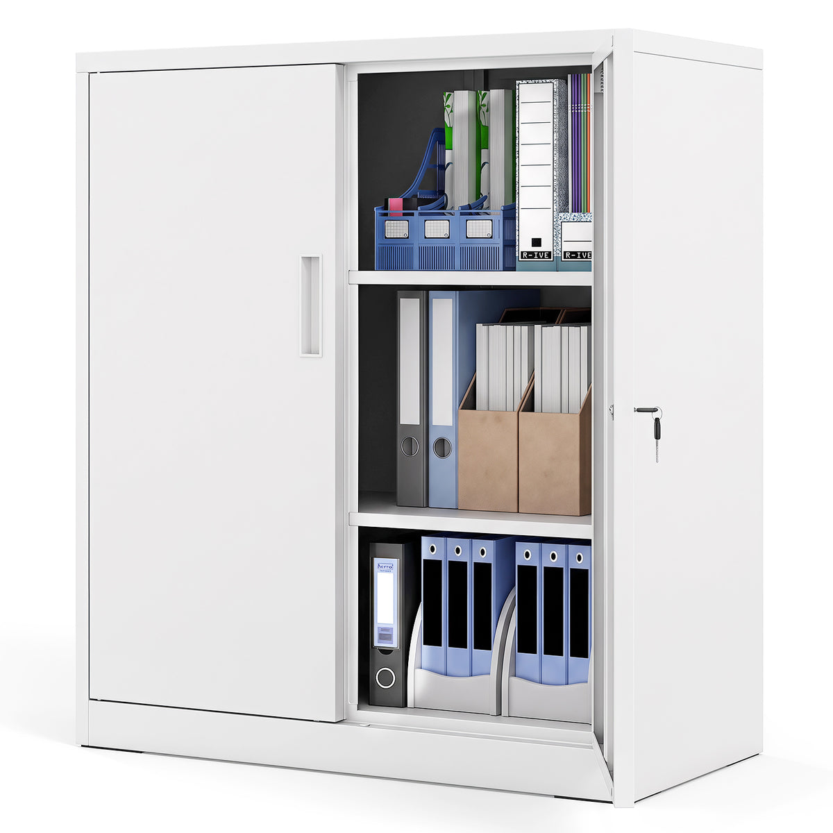 The file cabinet with both doors open, showing office supplies organised on the shelves