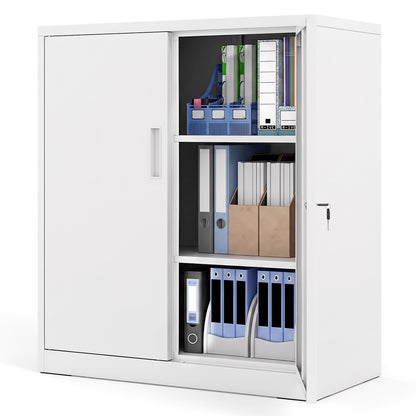 The file cabinet with both doors open, showing office supplies organised on the shelves