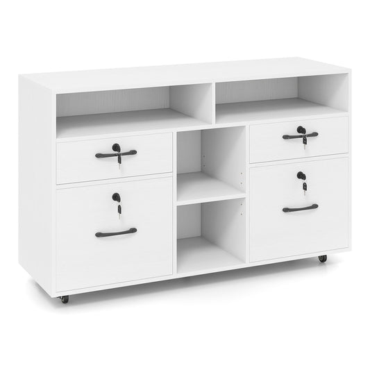 File Cabinet with Lock Mobile Lateral Filing Storage Organizer in white with four drawers and two open shelves