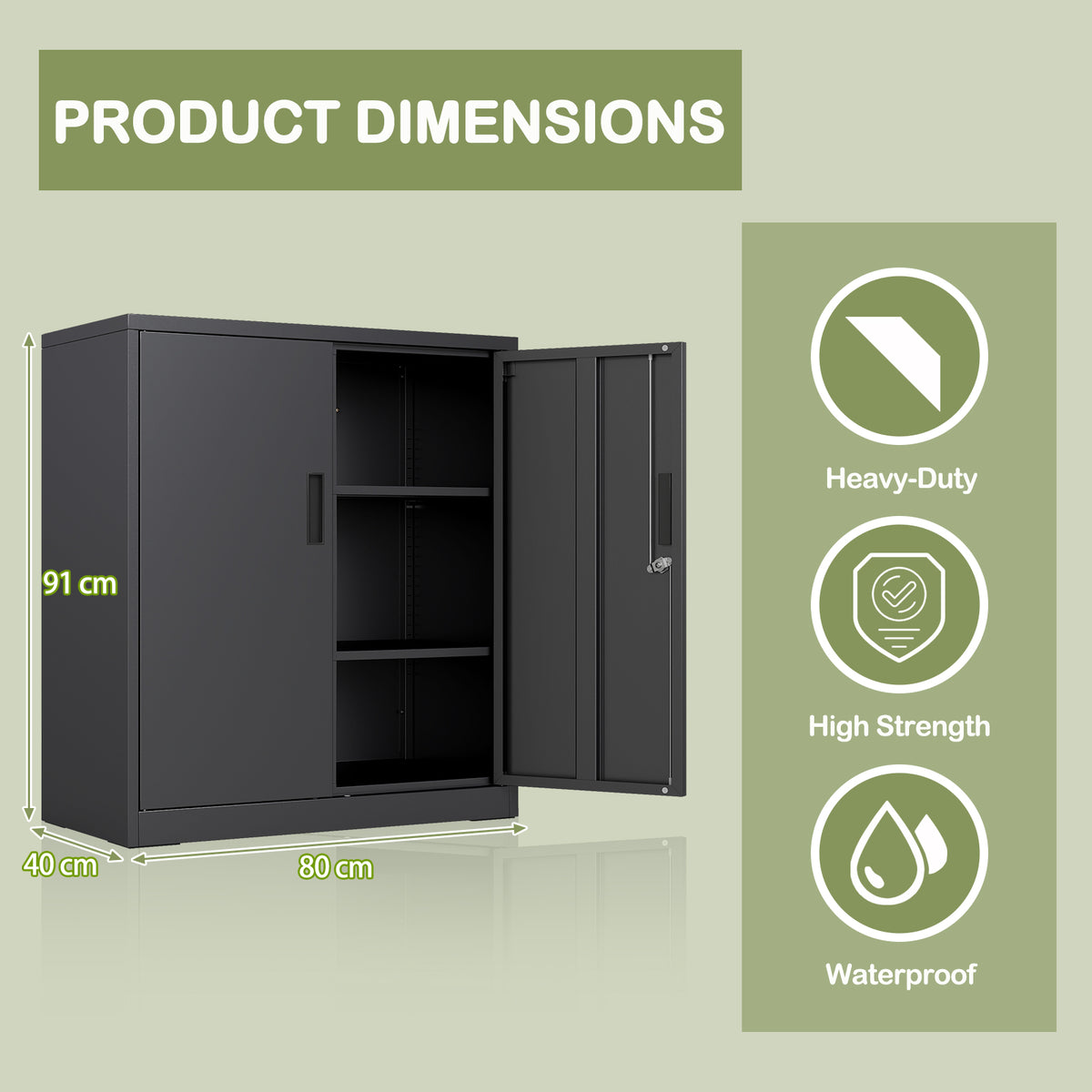 Product dimensions diagram for the black steel storage organiser