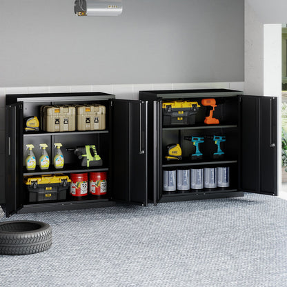Two black steel storage organisers in a garage filled with tools and cleaning supplies