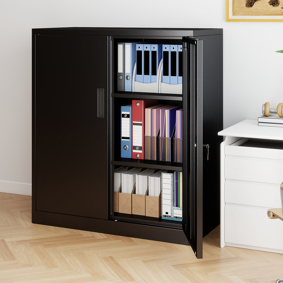 Black steel storage organiser filled with files and folders in a home office