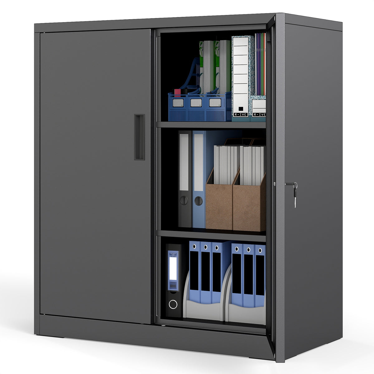 Black steel storage organiser with shelves and lockable doors