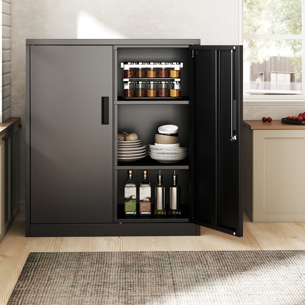 Black steel storage organiser used as a kitchen pantry with plates and bottles