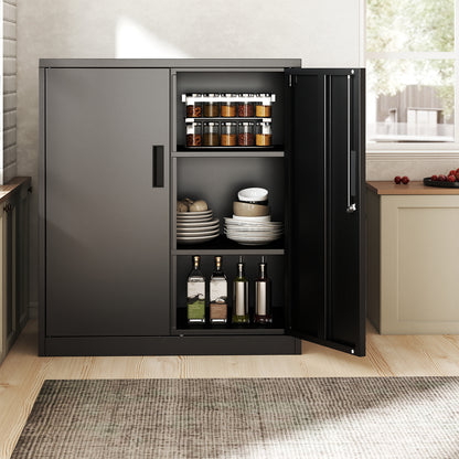 Black steel storage organiser used as a kitchen pantry with plates and bottles