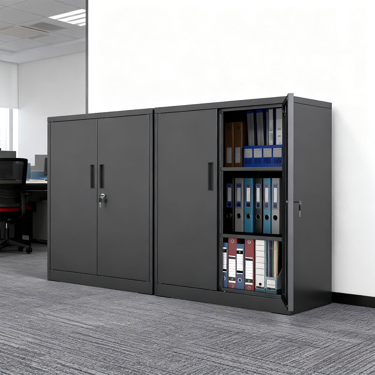 Two black steel storage organisers side by side in an office setting