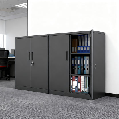 Two black steel storage organisers side by side in an office setting
