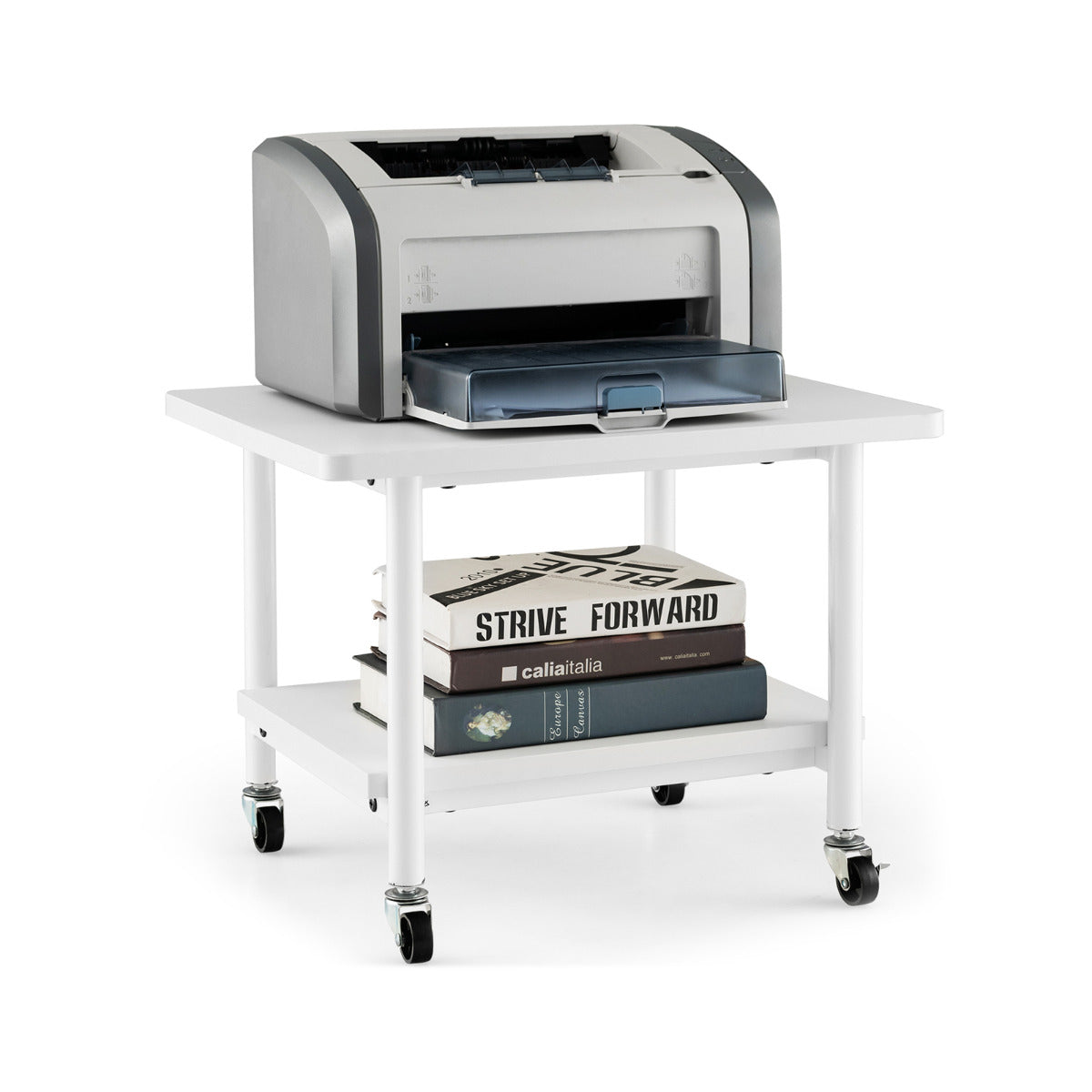 2 Tier Wooden Printer Stand with 360° Swivel Casters-Off White