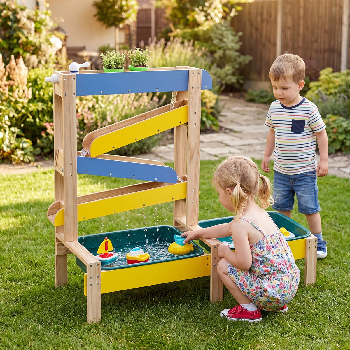 Children playing with the wooden water table outdoors on the grass
