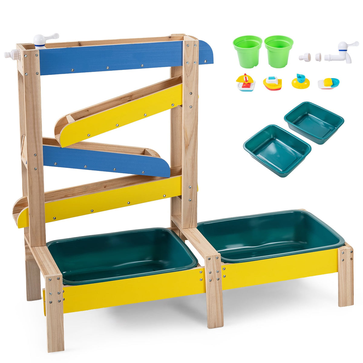 Fir Wood Montessori Sensory Play Activity Table with two water basins and toy boats