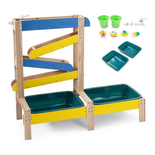 Fir Wood Montessori Sensory Play Activity Table with two water basins and toy boats