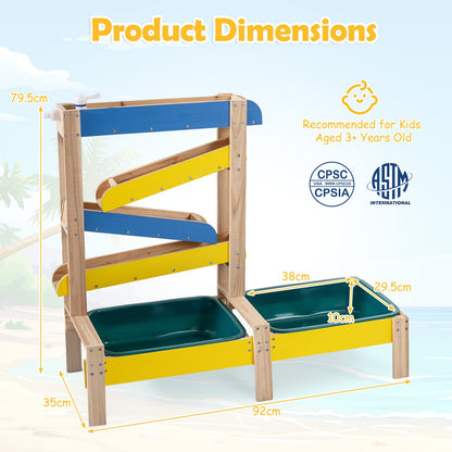 Wooden activity table with dimensions shown in a diagram