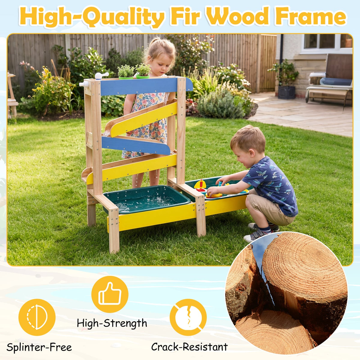 Close up of the fir wood frame of the activity table