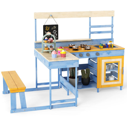 Fir Wood Mud Kitchen with a blue and yellow picnic table and bench attached