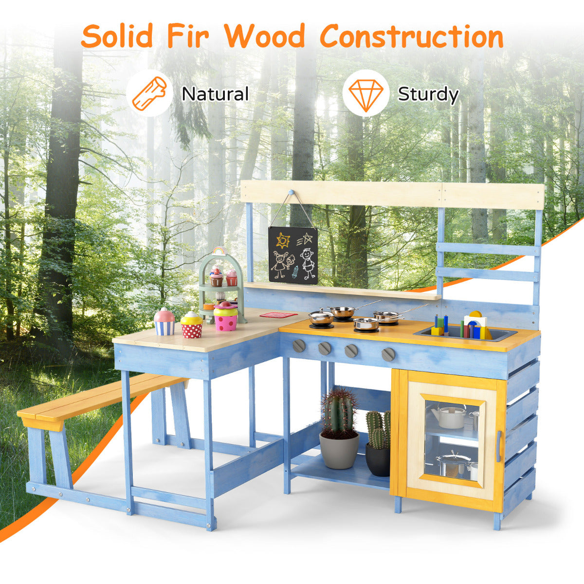 Solid fir wood construction of the blue and yellow mud kitchen and picnic table