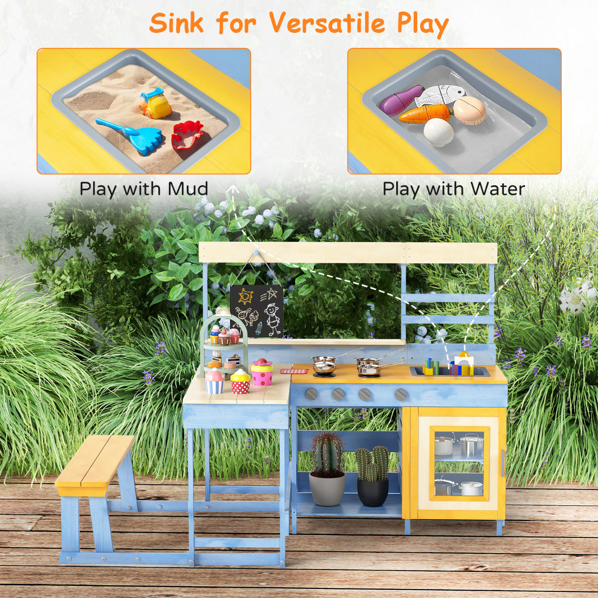 Mud kitchen sink with sand and water play options for children