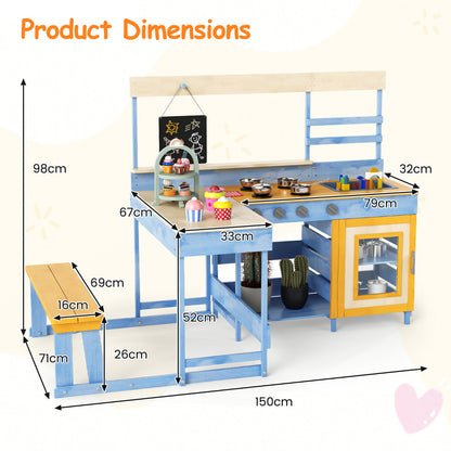 Product dimensions diagram for the blue and yellow mud kitchen and picnic table