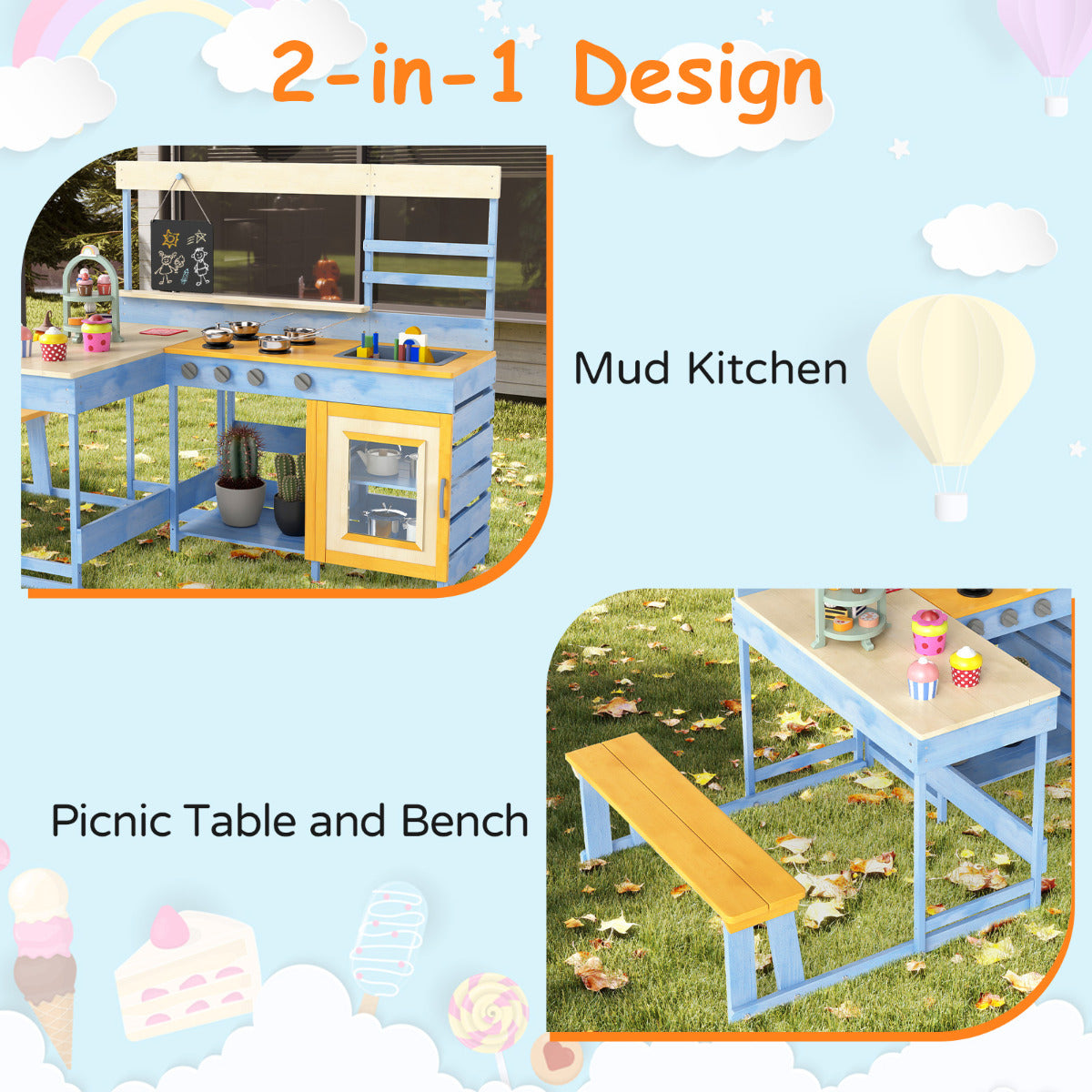Blue and yellow fir wood mud kitchen with a picnic table and bench attached