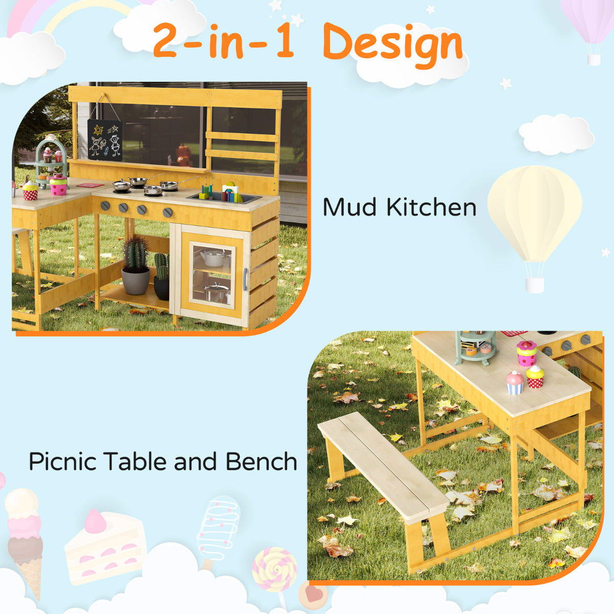The play kitchen set shows a mud kitchen and a picnic table with a bench