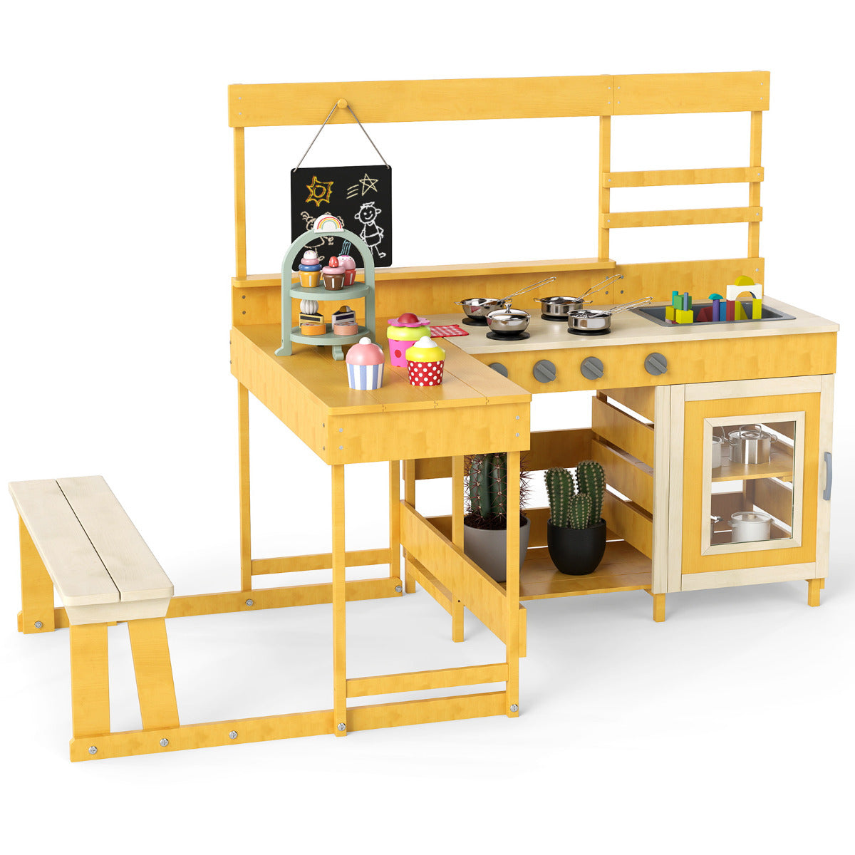 Fir Wood Mud Kitchen with Kids Picnic Table Play Kitchen-Natural, a wooden play kitchen with a bench and picnic table
