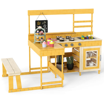 Fir Wood Mud Kitchen with Kids Picnic Table Play Kitchen-Natural, a wooden play kitchen with a bench and picnic table