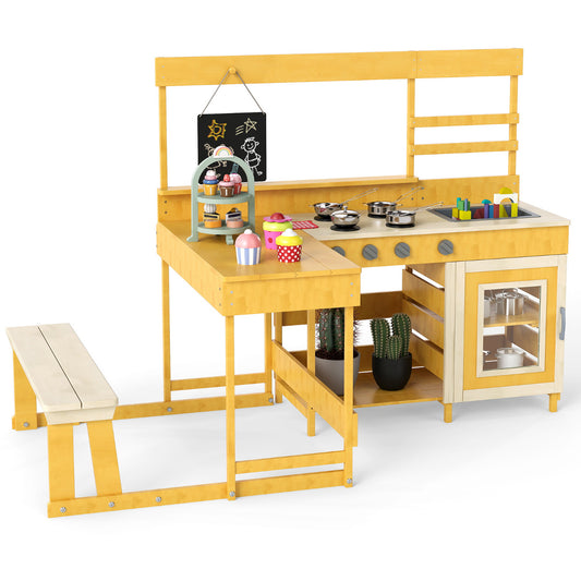 Fir Wood Mud Kitchen with Kids Picnic Table Play Kitchen-Natural, a wooden play kitchen with a bench and picnic table