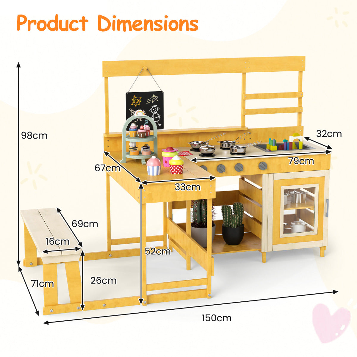 Product dimensions diagram for the natural wood mud kitchen with picnic table