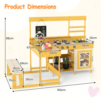 Product dimensions diagram for the natural wood mud kitchen with picnic table