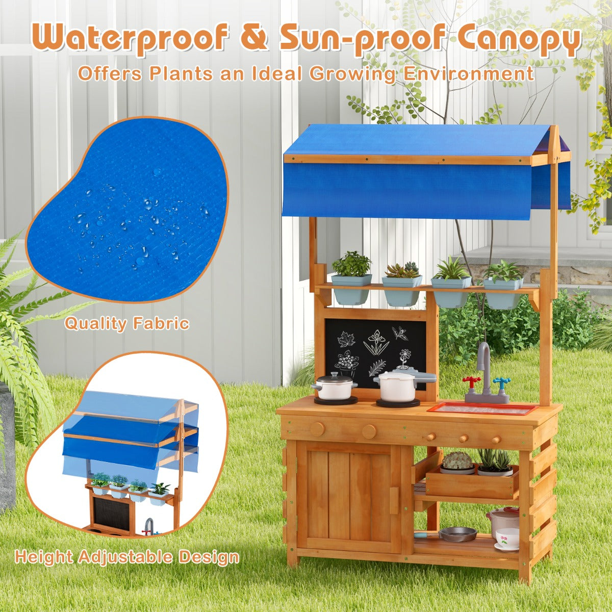 The play kitchen set with callouts showing the waterproof fabric and adjustable canopy