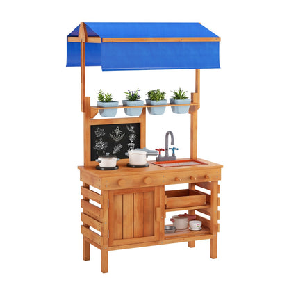 Fir Wood Play Kitchen with Adjustable Canopy and Sink with pots and plants on the shelves