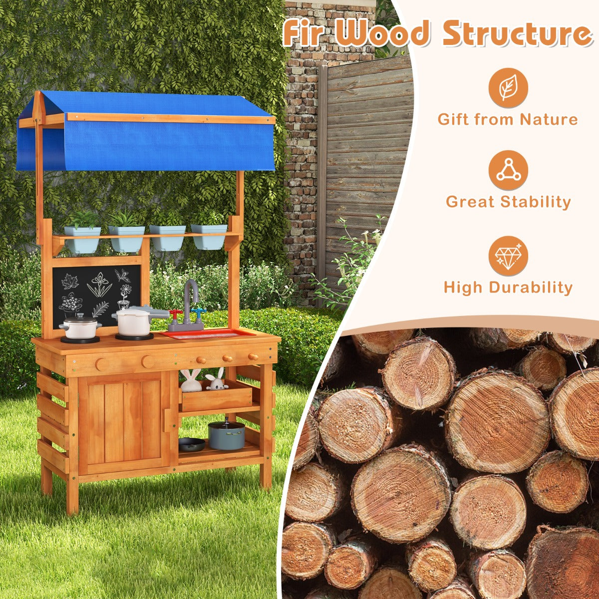 The play kitchen set next to a pile of logs highlighting the natural wood construction