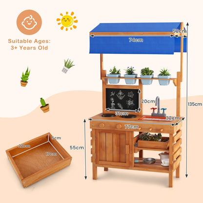 The play kitchen set with various dimension labels and a separate wooden tray shown