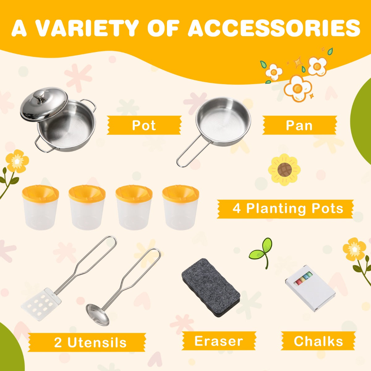 All the accessories included with the play kitchen set, including pots, pans and utensils