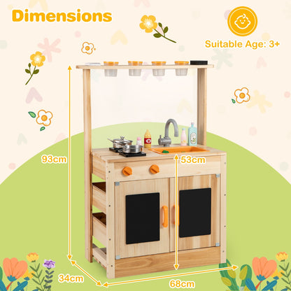 Dimensions diagram of the natural wood play kitchen set showing height and width