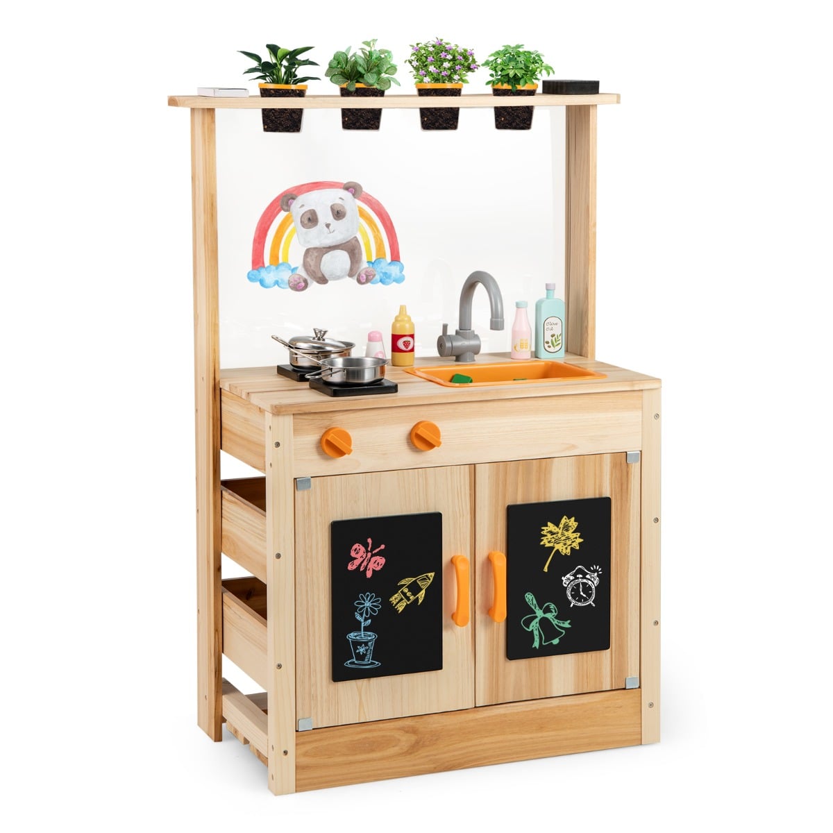 Fir Wood Play Kitchen with planting pots and removable sink for backyard garden