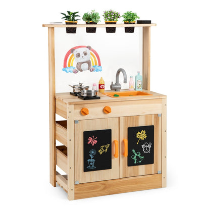 Fir Wood Play Kitchen with planting pots and removable sink for backyard garden