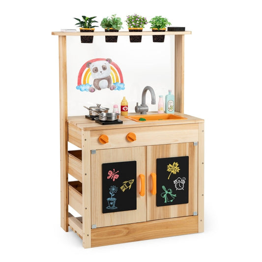 Fir Wood Play Kitchen with planting pots and removable sink for backyard garden