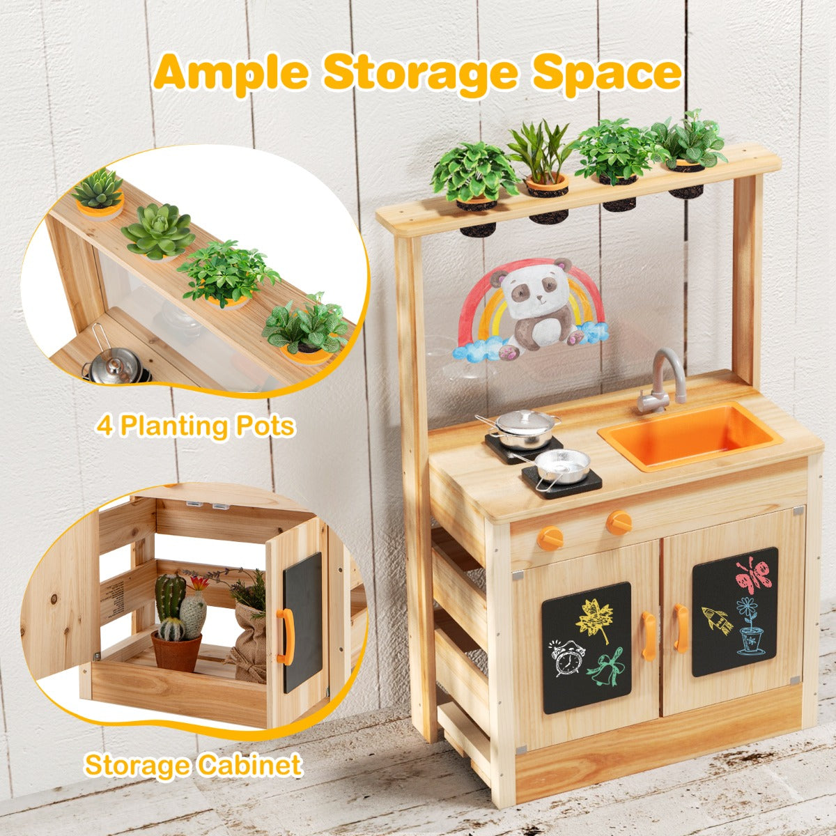 Close up of the storage cabinet and planting pots on the play kitchen set
